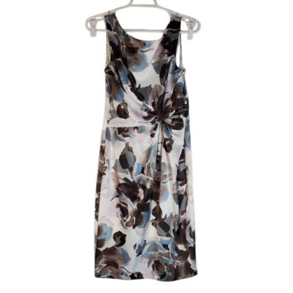 Maggy London Sleeveless Floral Satin Dress Blue Gray Rose Size 6